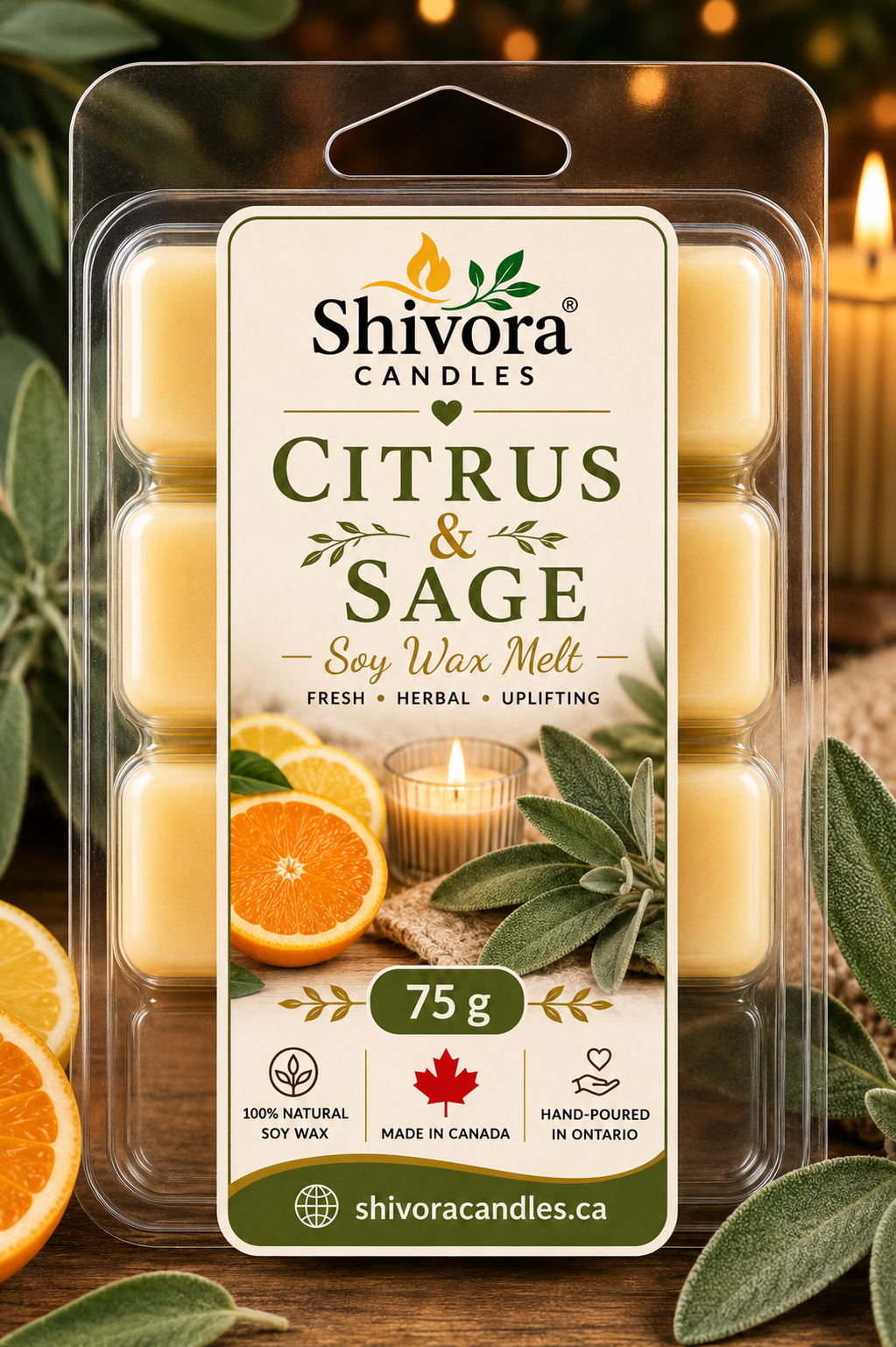 Citrus & Sage soy wax melt 75 g hand-poured in Ontario Canada by Shivora Candles